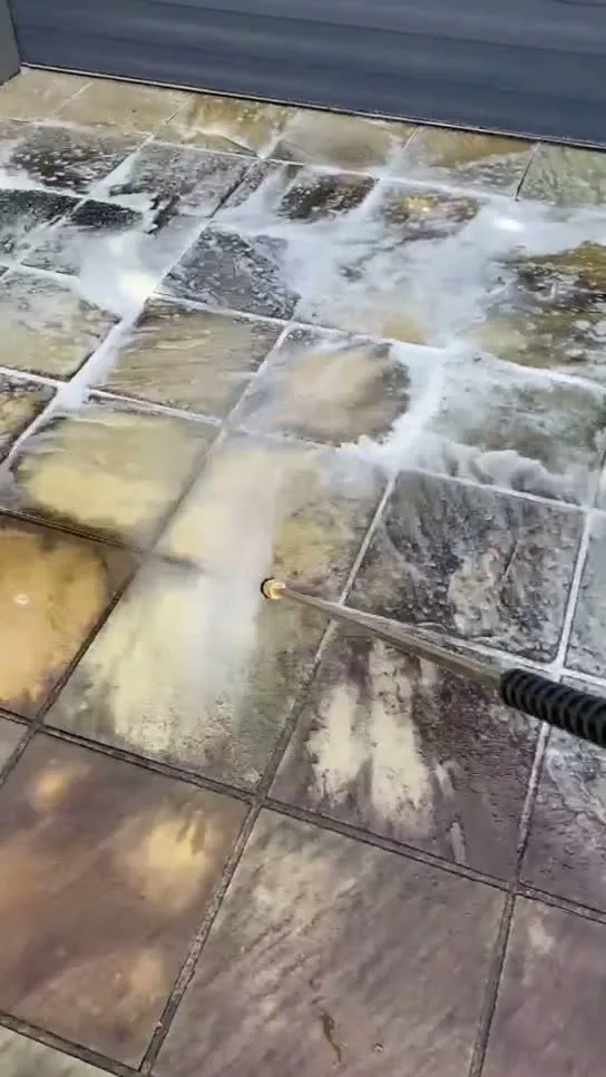 Sandstone driveway before pressure washing, covered in grime