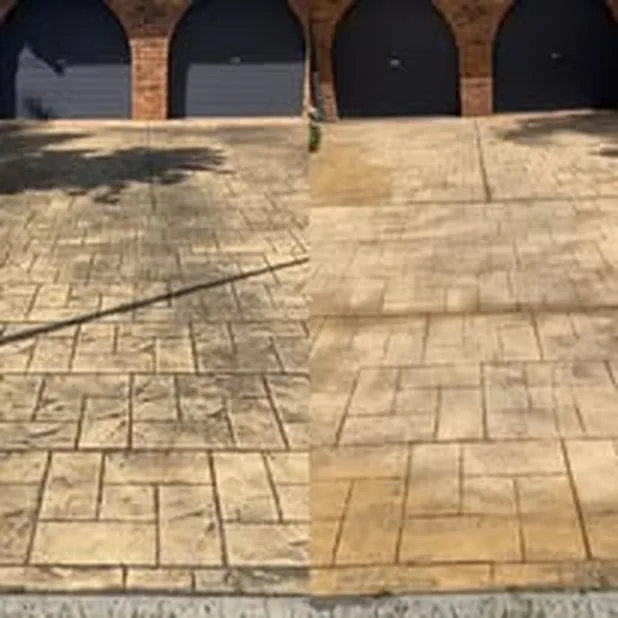 Brick-pattern stamped concrete, dirty top, cleaned bottom
