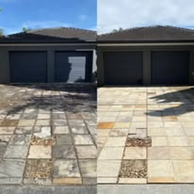 Stamped concrete driveway, dirty on the left, cleaned on the right